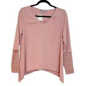 Always Fabulous V-Neck Long Sleeve Crochet Detail Top Pink Size S NWT